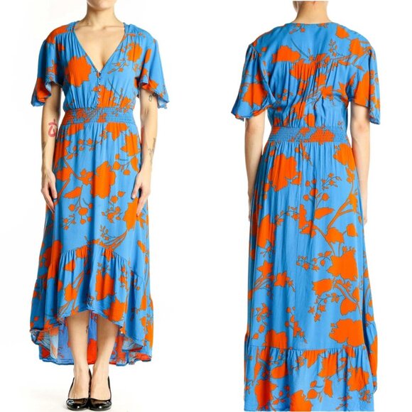 Abel the Label Floral V-Neck Hi Low Maxi Dress Women XS Blue Orange Flowy Ruffle - Picture 1 of 15